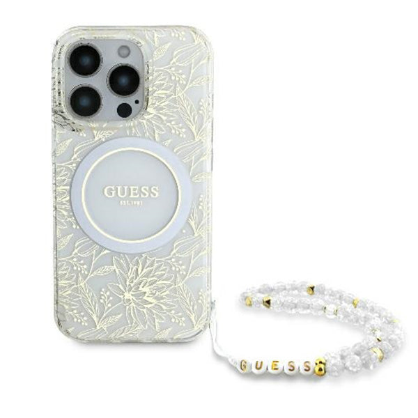 MagSafe futrola za Apple iPhone 16 Pro, Guess, IML Flowers Allover Electroplated with Pearl Strap, Bijela