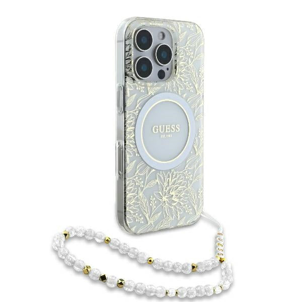 MagSafe futrola za Apple iPhone 16 Pro, Guess, IML Flowers Allover Electroplated with Pearl Strap, Bijela
