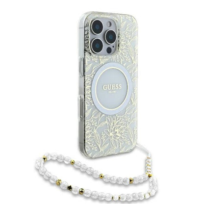 MagSafe futrola za Apple iPhone 16 Pro, Guess, IML Flowers Allover Electroplated with Pearl Strap, Bijela