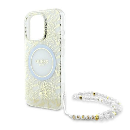 MagSafe futrola za Apple iPhone 16 Pro, Guess, IML Flowers Allover Electroplated with Pearl Strap, Bijela