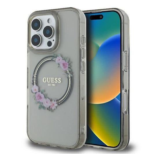 MagSafe futrola za Apple iPhone 16 Pro, Guess, IML Flowers Wreath, Crna