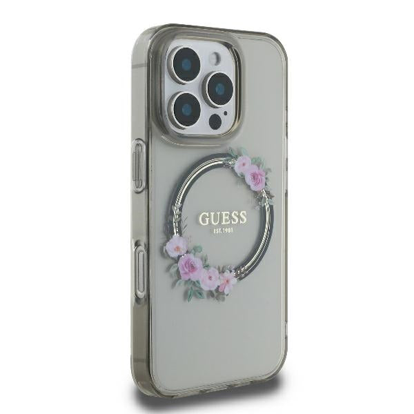 MagSafe futrola za Apple iPhone 16 Pro, Guess, IML Flowers Wreath, Crna