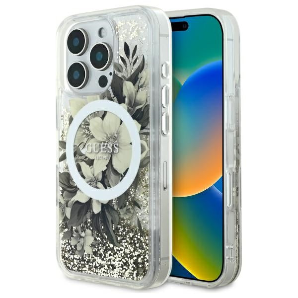 MagSafe torbica za Apple iPhone 16 Pro, Guess, Liquid Glitter Flower, Bež