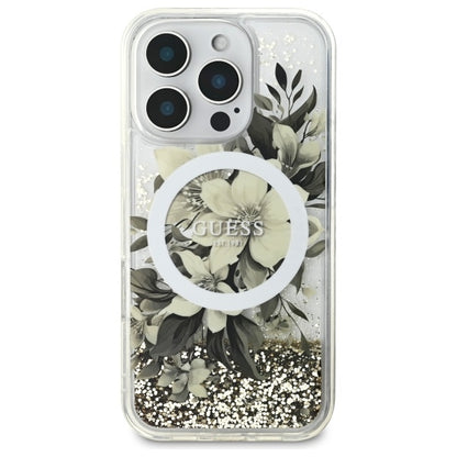 MagSafe torbica za Apple iPhone 16 Pro, Guess, Liquid Glitter Flower, Bež