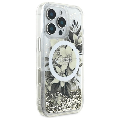 MagSafe torbica za Apple iPhone 16 Pro, Guess, Liquid Glitter Flower, Bež