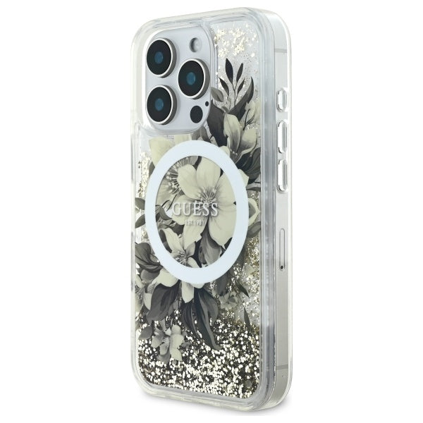 MagSafe torbica za Apple iPhone 16 Pro, Guess, Liquid Glitter Flower, Bež
