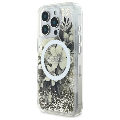 MagSafe torbica za Apple iPhone 16 Pro, Guess, Liquid Glitter Flower, Bež