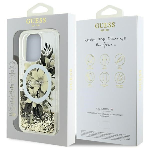 MagSafe torbica za Apple iPhone 16 Pro, Guess, Liquid Glitter Flower, Bež
