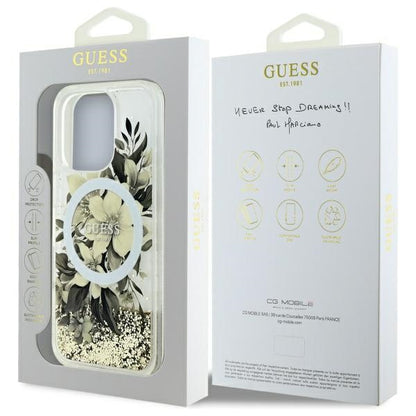 MagSafe torbica za Apple iPhone 16 Pro, Guess, Liquid Glitter Flower, Bež
