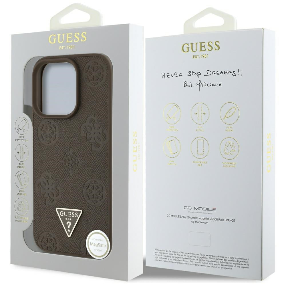 MagSafe futrola za Apple iPhone 16 Pro, Guess, Peony Grained Hot Stamp Triangle, smeđa