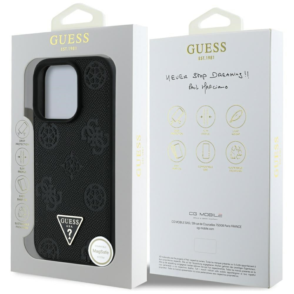 MagSafe futrola za Apple iPhone 16 Pro, Guess, Peony Grained Hot Stamp Triangle, Crna
