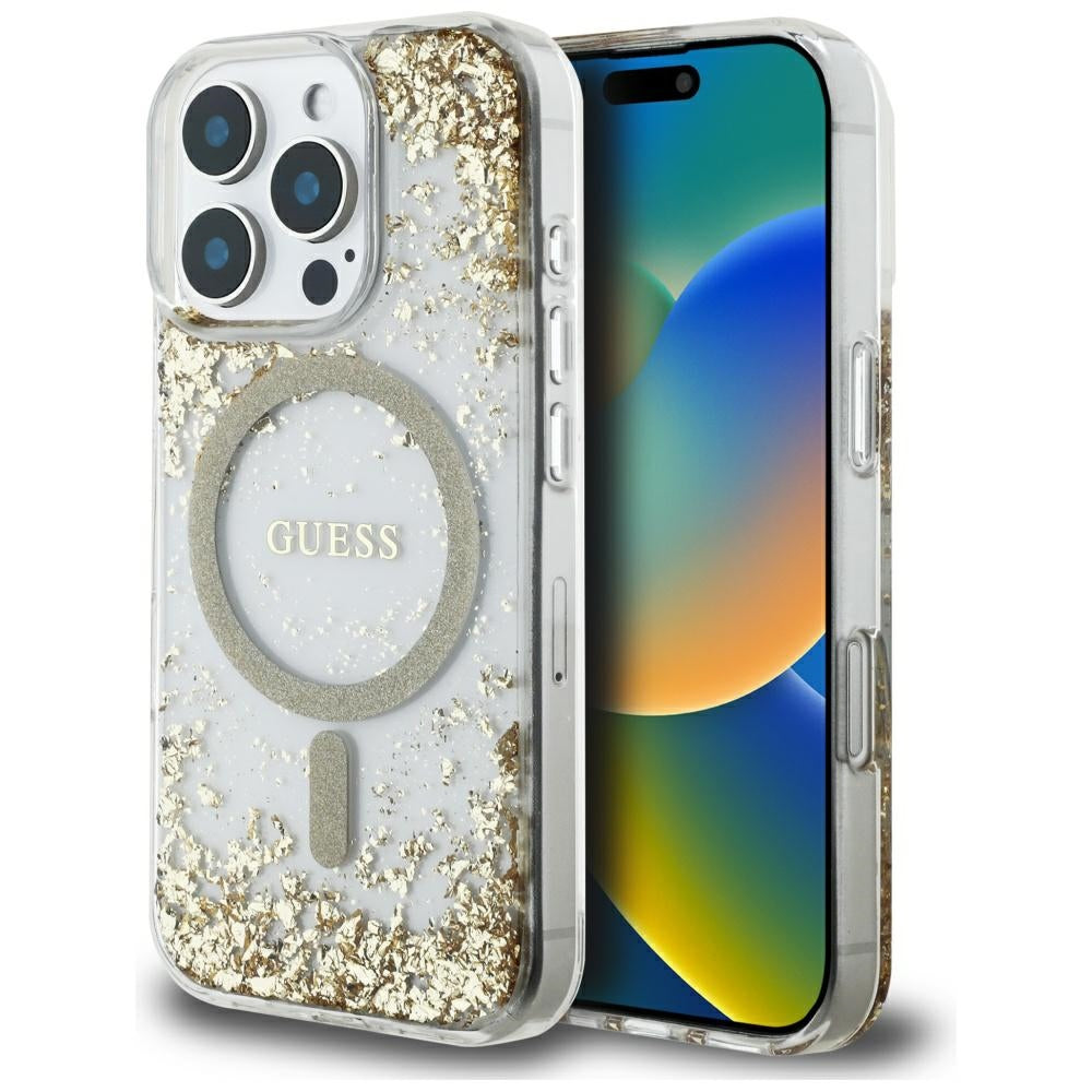 MagSafe torbica za Apple iPhone 16 Pro, Guess, Resin Bottom Glitter, Zlatna