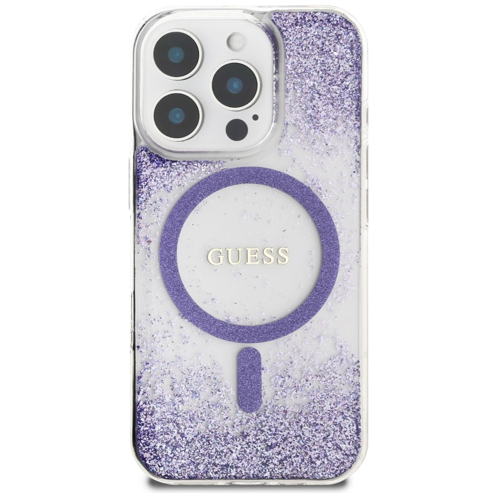 Husa MagSafe za Apple iPhone 16 Pro, Guess, Resin Bottom Glitter, Ljubičasta