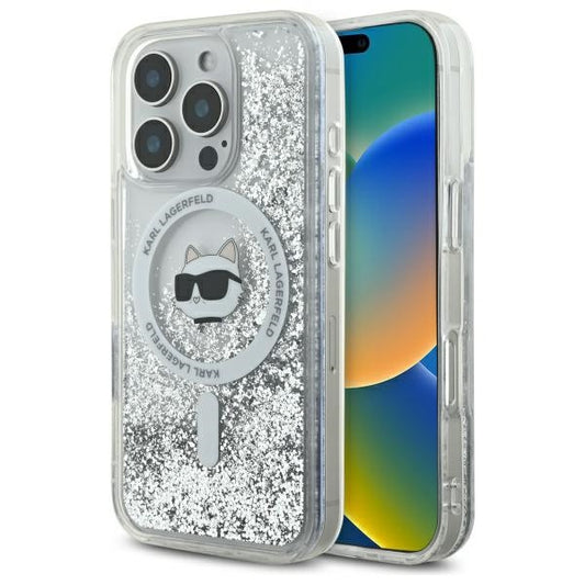 Husa MagSafe za Apple iPhone 16 Pro, Karl Lagerfeld, Liquid Glitter Choupette's Head, Prozirna
