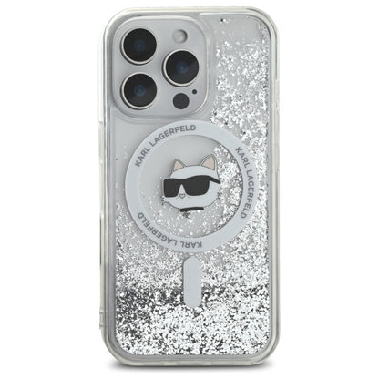 Husa MagSafe za Apple iPhone 16 Pro, Karl Lagerfeld, Liquid Glitter Choupette's Head, Prozirna