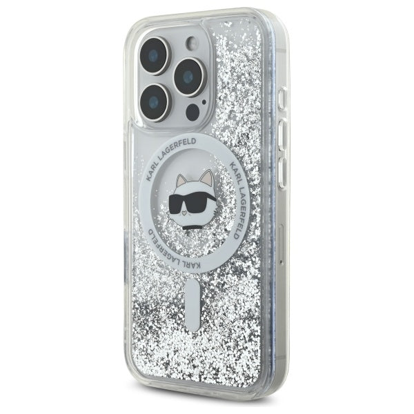 Husa MagSafe za Apple iPhone 16 Pro, Karl Lagerfeld, Liquid Glitter Choupette's Head, Prozirna