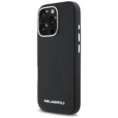 MagSafe futrola za Apple iPhone 16 Pro, Karl Lagerfeld, Saffiano Full Wrapped Elongated Metal Logo, Crna