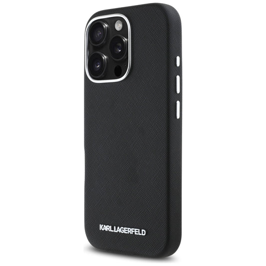 MagSafe futrola za Apple iPhone 16 Pro, Karl Lagerfeld, Saffiano Full Wrapped Elongated Metal Logo, Crna