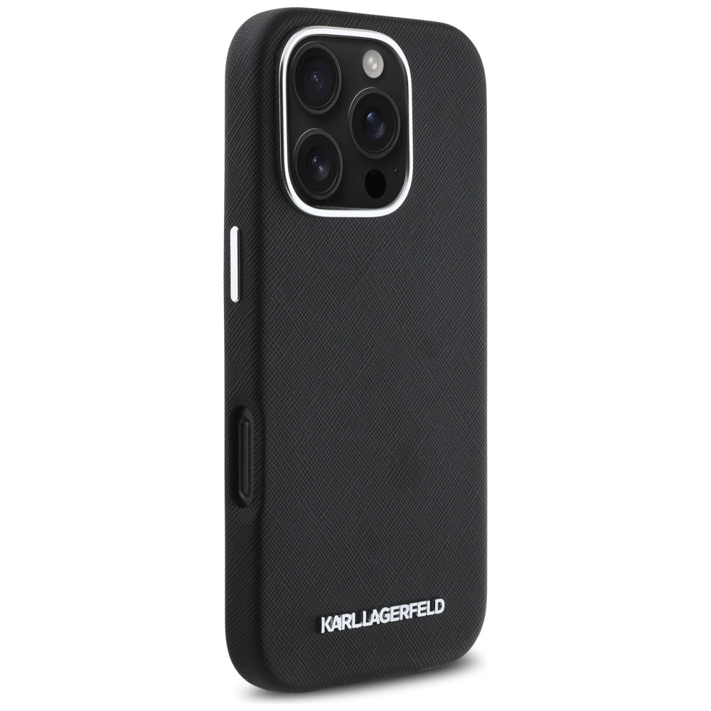 MagSafe futrola za Apple iPhone 16 Pro, Karl Lagerfeld, Saffiano Full Wrapped Elongated Metal Logo, Crna