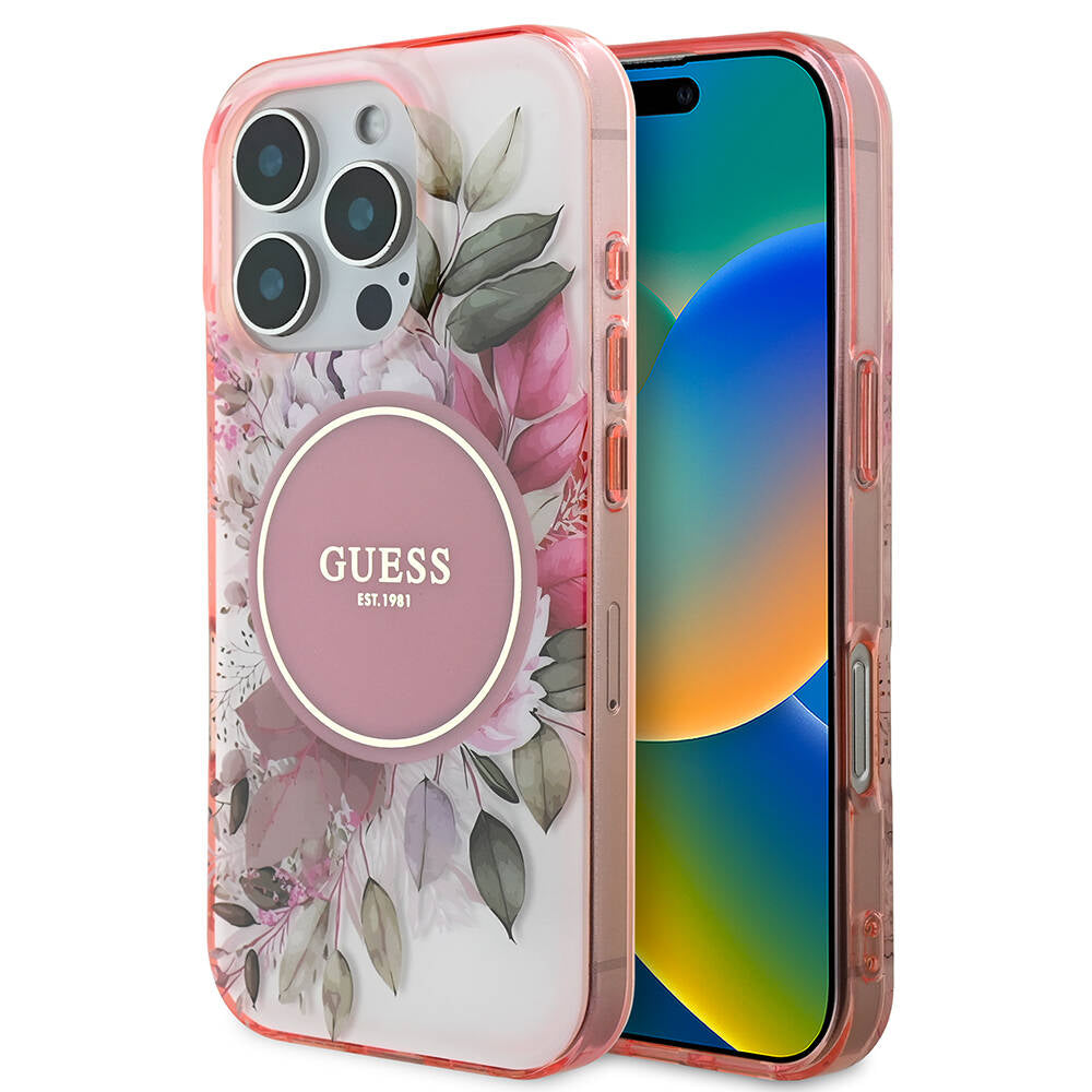 Futrola MagSafe za Apple iPhone 16 Pro Max, Guess, IML Flower & Tonal Circle, Roza