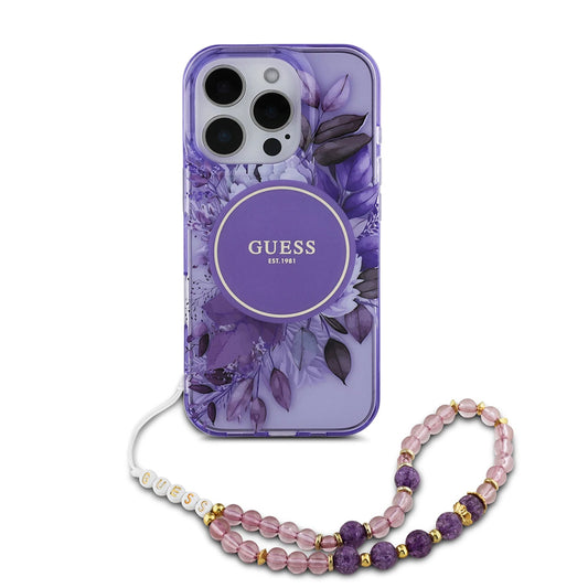 Husa MagSafe za Apple iPhone 16 Pro Max, Guess, IML Flowers with Pearl Strap, Ljubičasta