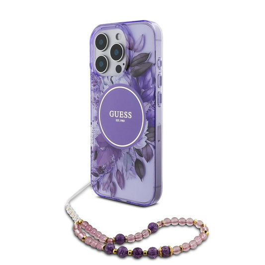 Husa MagSafe za Apple iPhone 16 Pro Max, Guess, IML Flowers with Pearl Strap, Ljubičasta