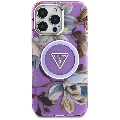 Futrola MagSafe za Apple iPhone 16 Pro Max, Guess, IML Metal Glitter Flowers Triangle, Ljubičasta
