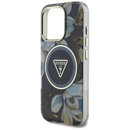 Futrola MagSafe za Apple iPhone 16 Pro Max, Guess, IML Metal Glitter Flowers Triangle, Crna