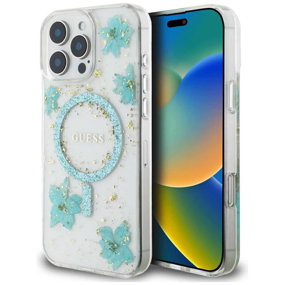 Husa MagSafe za Apple iPhone 16 Pro Max, Guess, Resin Flowers and Glitter, Tirkizna