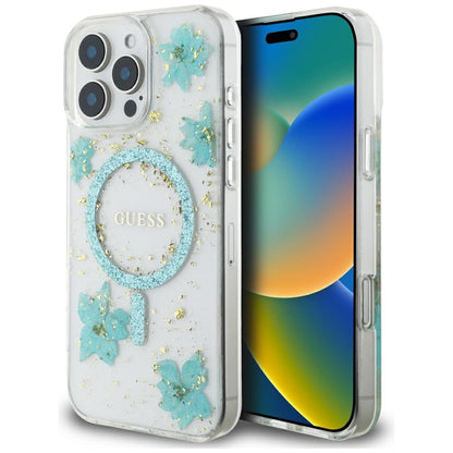 Husa MagSafe za Apple iPhone 16 Pro Max, Guess, Resin Flowers and Glitter, Tirkizna