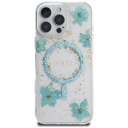 Husa MagSafe za Apple iPhone 16 Pro Max, Guess, Resin Flowers and Glitter, Tirkizna