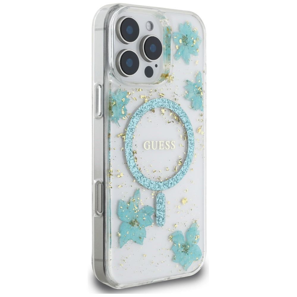 Husa MagSafe za Apple iPhone 16 Pro Max, Guess, Resin Flowers and Glitter, Tirkizna