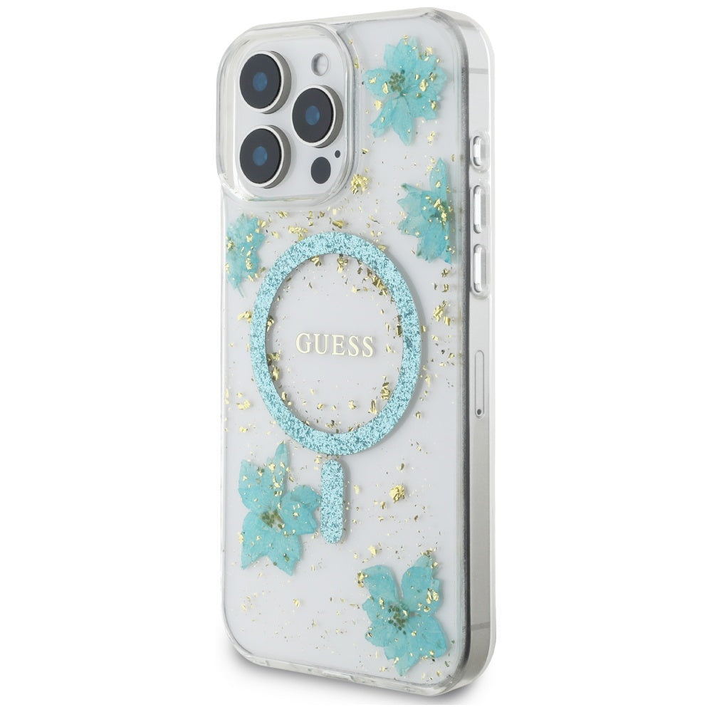 Husa MagSafe za Apple iPhone 16 Pro Max, Guess, Resin Flowers and Glitter, Tirkizna