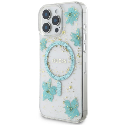 Husa MagSafe za Apple iPhone 16 Pro Max, Guess, Resin Flowers and Glitter, Tirkizna