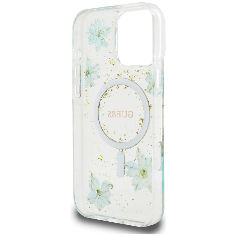 Husa MagSafe za Apple iPhone 16 Pro Max, Guess, Resin Flowers and Glitter, Tirkizna