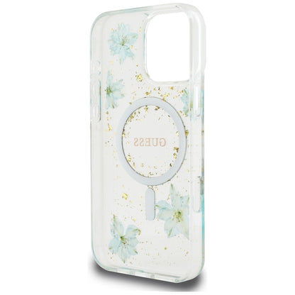 Husa MagSafe za Apple iPhone 16 Pro Max, Guess, Resin Flowers and Glitter, Tirkizna