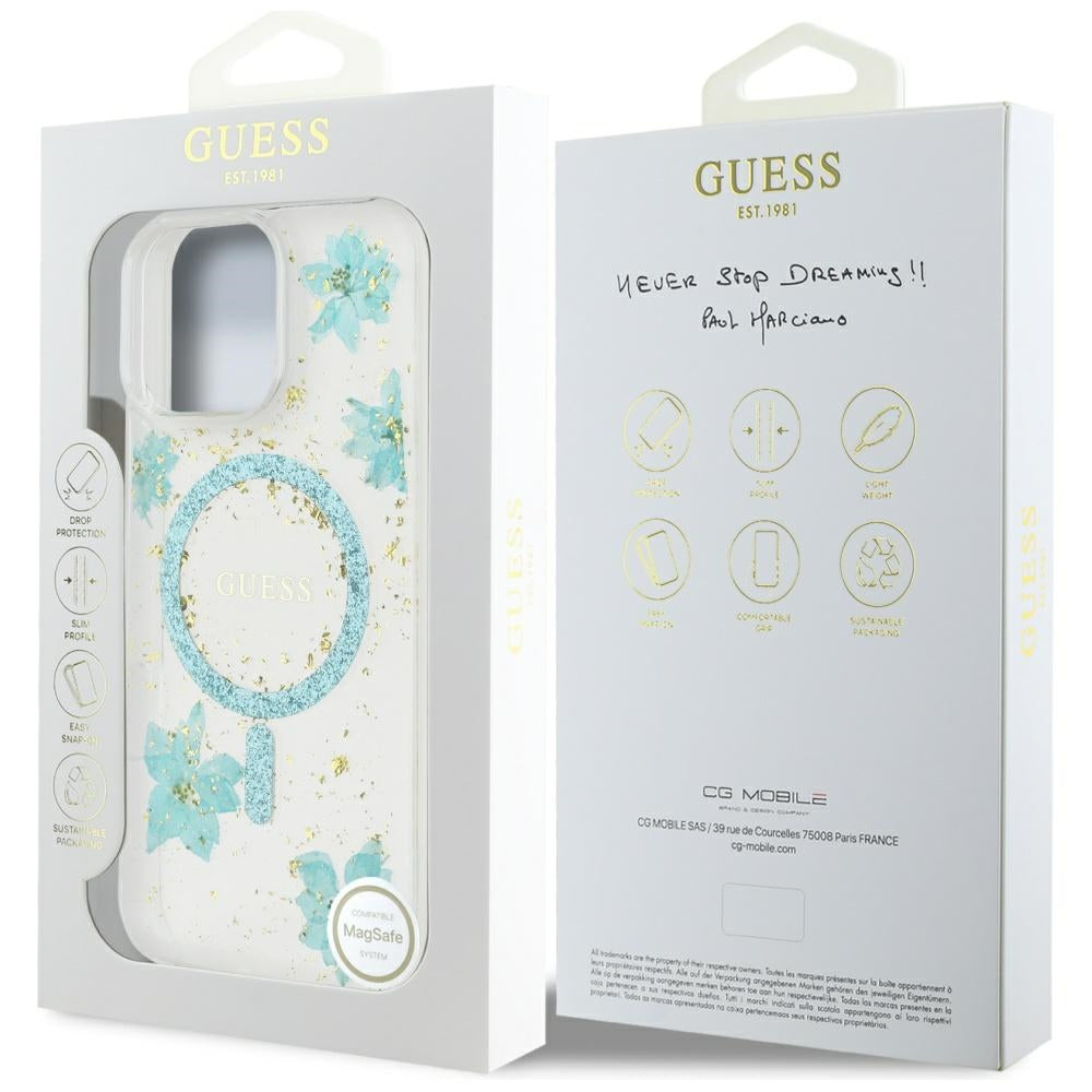 Husa MagSafe za Apple iPhone 16 Pro Max, Guess, Resin Flowers and Glitter, Tirkizna