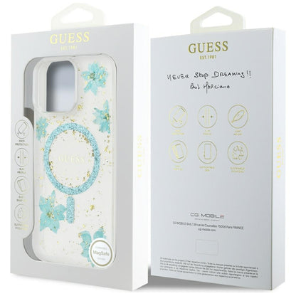 Husa MagSafe za Apple iPhone 16 Pro Max, Guess, Resin Flowers and Glitter, Tirkizna