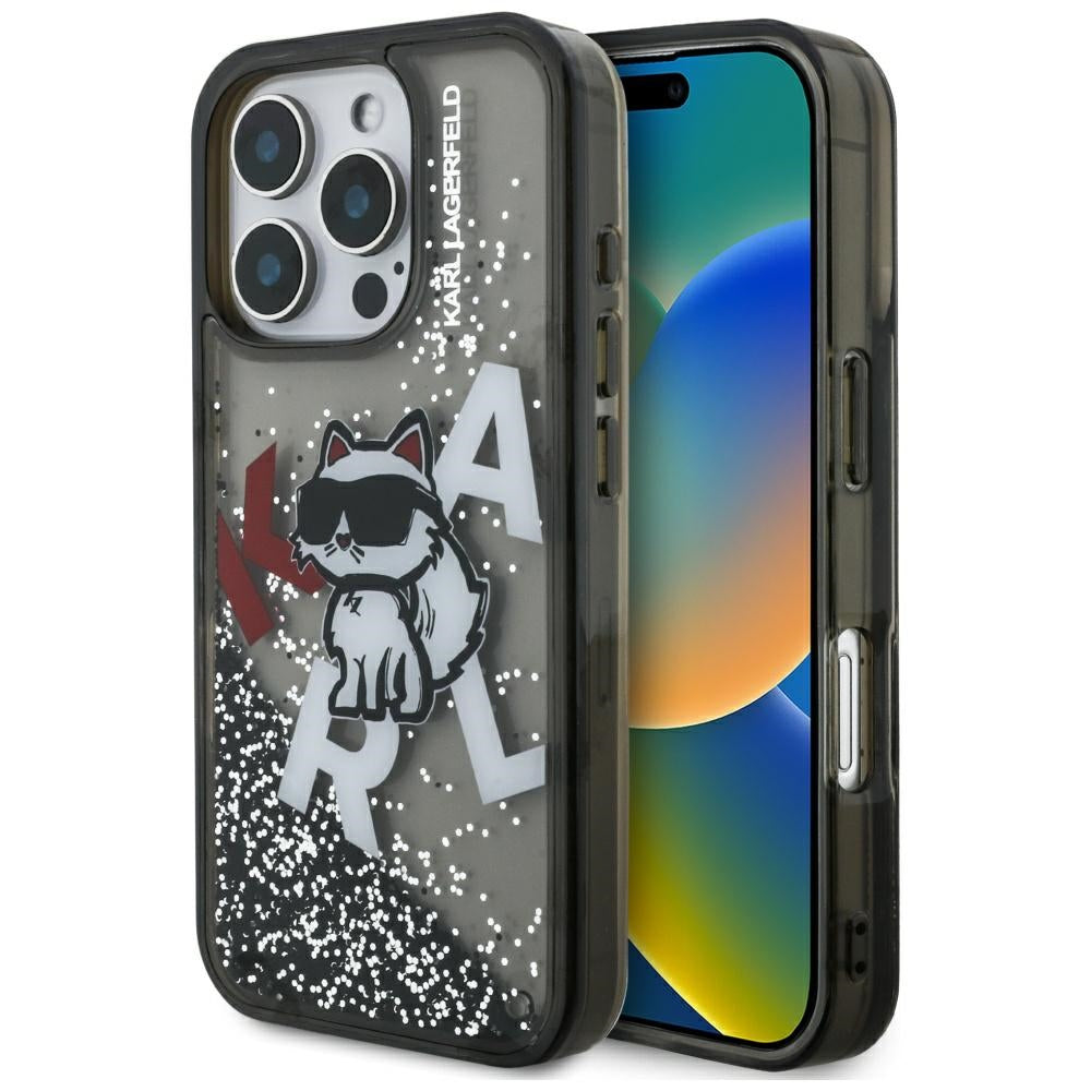 Futrola MagSafe za Apple iPhone 16 Pro Max, Karl Lagerfeld, Liquid Glitter Choupette Logo, Crna