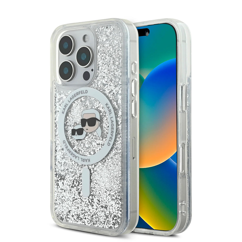 Futrola MagSafe za Apple iPhone 16 Pro Max, Karl Lagerfeld, Liquid Glitter Karl & Choupette's Heads, Prozirna