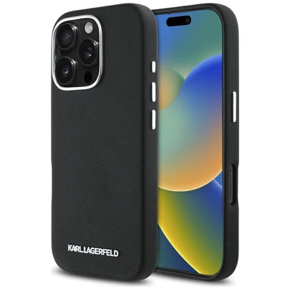 Futrola MagSafe za Apple iPhone 16 Pro Max, Karl Lagerfeld, Saffiano Full Wrapped Elongated Metal Logo, Crna
