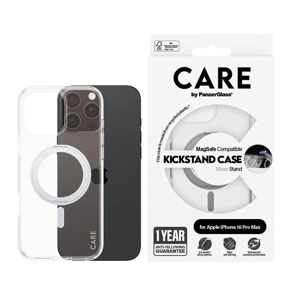 Futrola MagSafe za Apple iPhone 16 Pro Max, PanzerGlass, Care Feature Kickstand, Srebrno prozirna