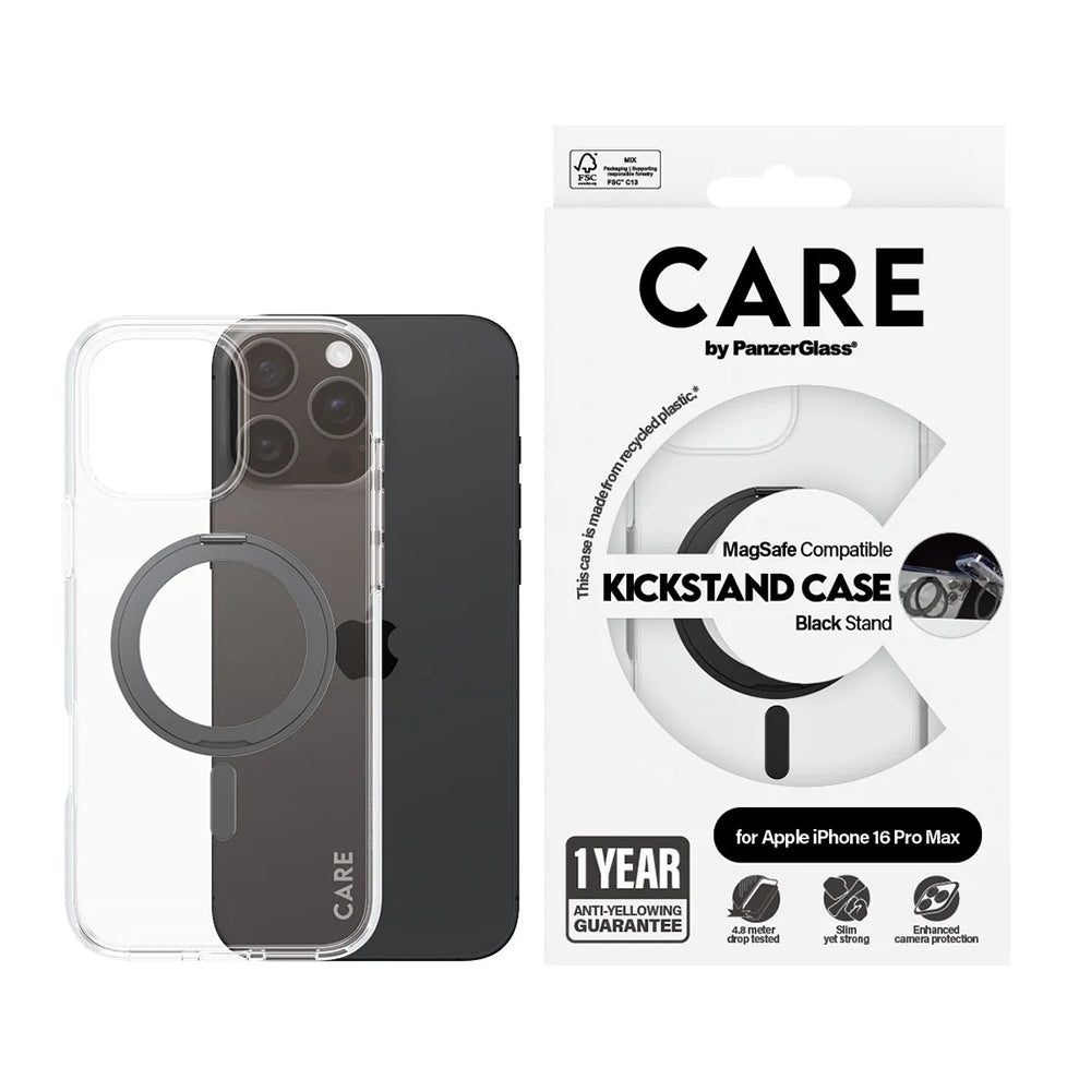 Futrola MagSafe za Apple iPhone 16 Pro Max, PanzerGlass, Care Feature Kickstand, Crna Prozirna