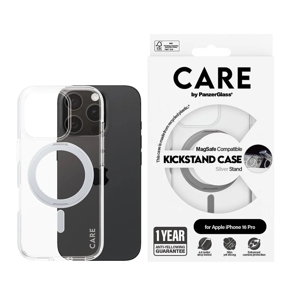 Futrola MagSafe za Apple iPhone 16 Pro, PanzerGlass, Care Feature Kickstand, Srebrno prozirna
