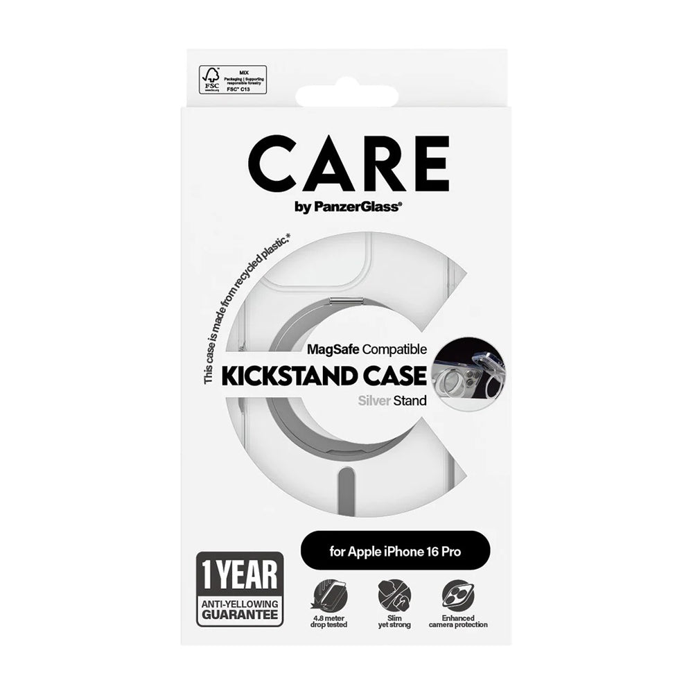 Futrola MagSafe za Apple iPhone 16 Pro, PanzerGlass, Care Feature Kickstand, Srebrno prozirna