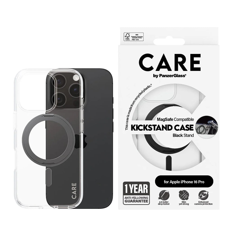 Futrola MagSafe za Apple iPhone 16 Pro, PanzerGlass, Care Feature Kickstand, Crna Prozirna