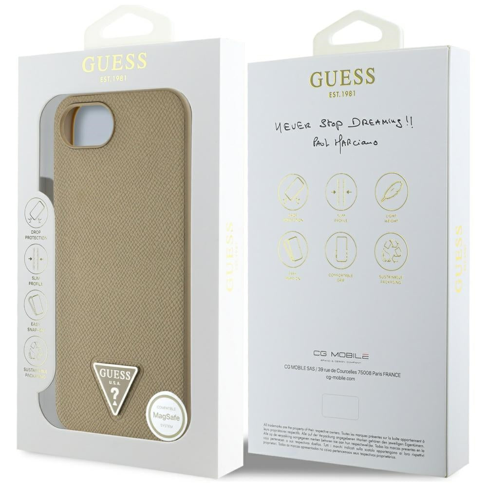 MagSafe torbica za Apple iPhone 16e, Guess, Grained Triangle Logo, smeđa