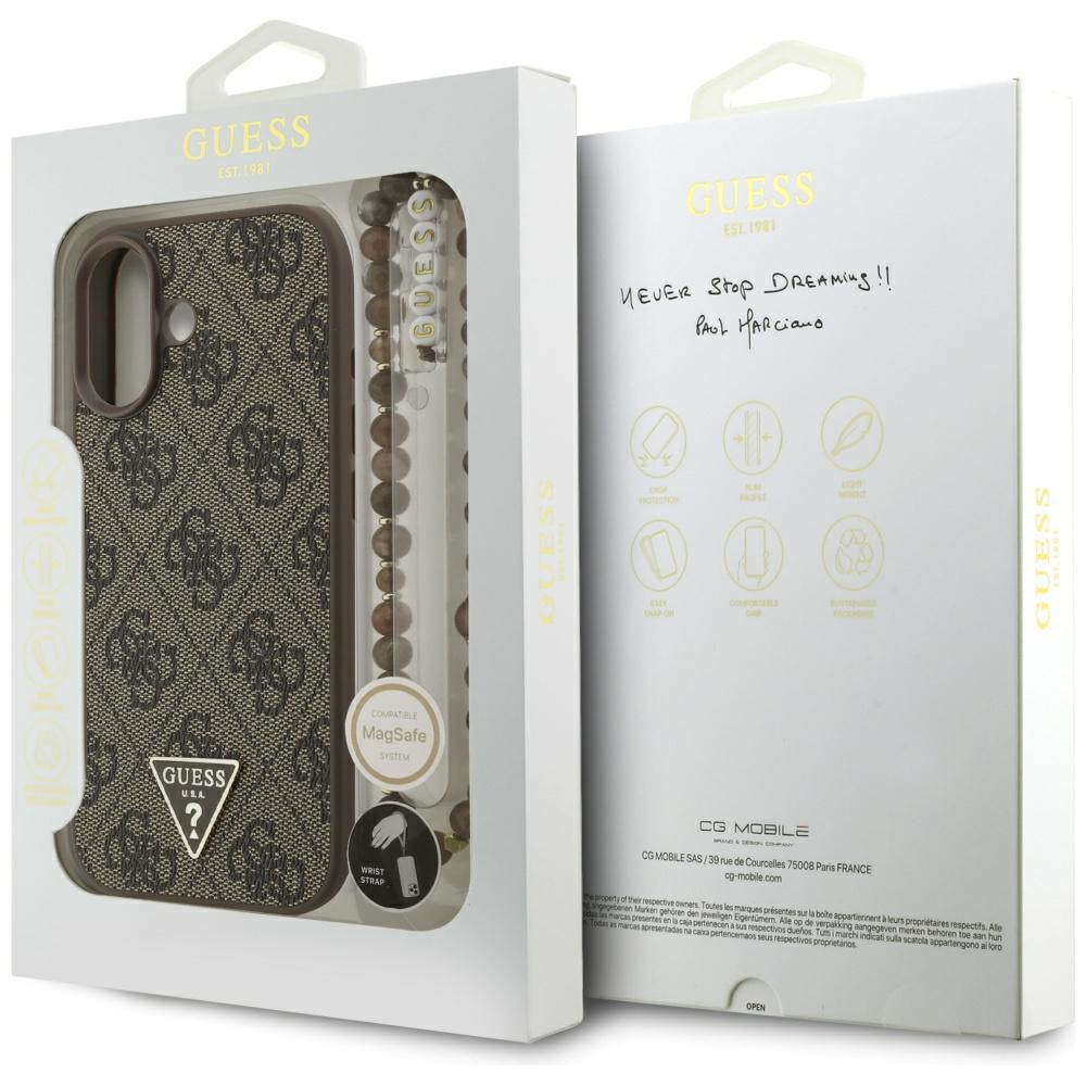 MagSafe futrola za Apple iPhone 17, Guess, 4G Triangle Logo Cord Strap, smeđa
