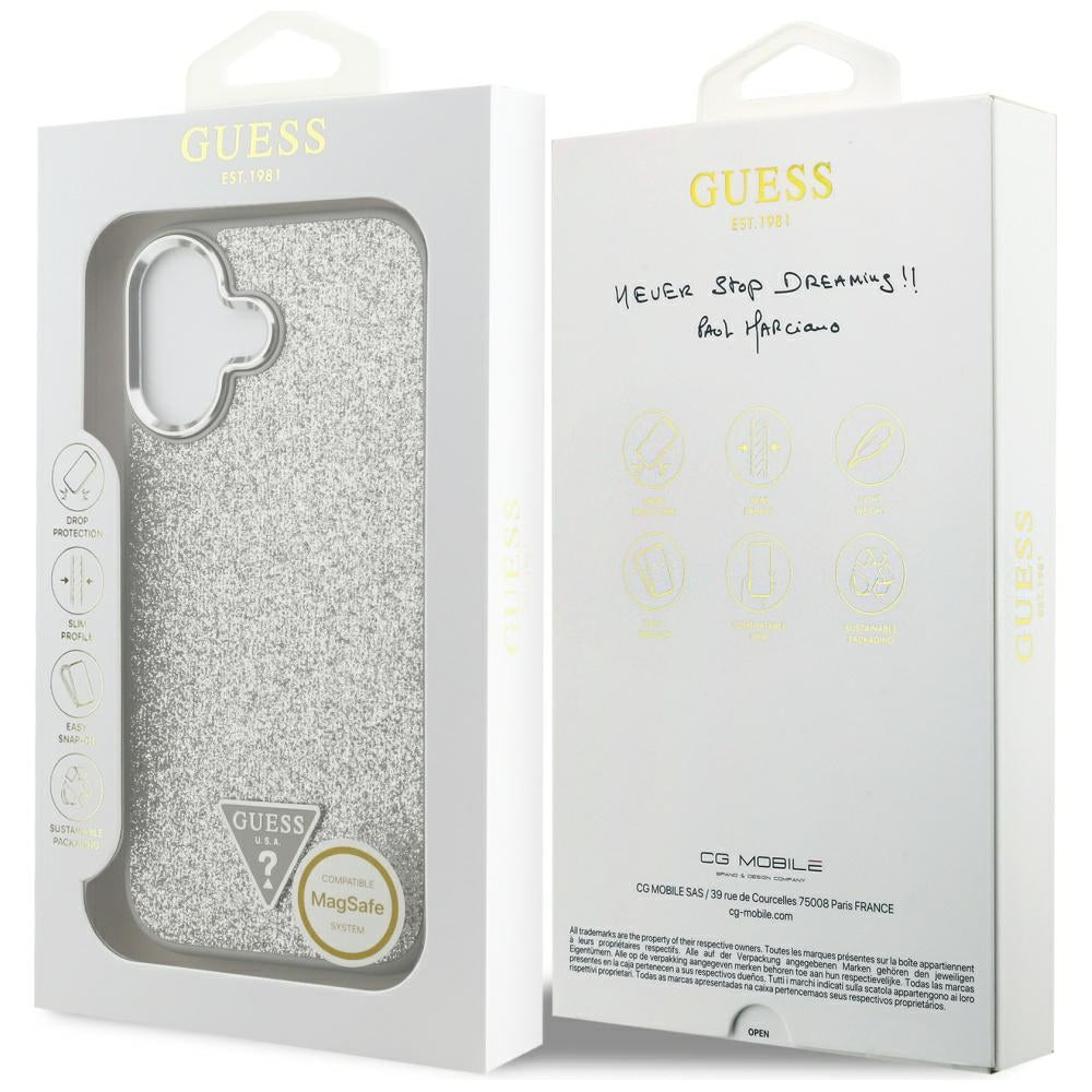 MagSafe futrola za Apple iPhone 17, Guess, Glitter Triangle Logo, Srebrna
