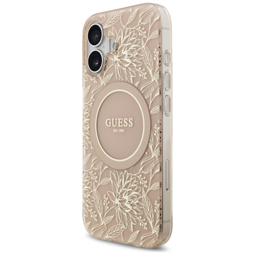 Husa MagSafe za Apple iPhone 17, Guess, IML Flowers Allover Electroplated with Pearl Strap, Crna